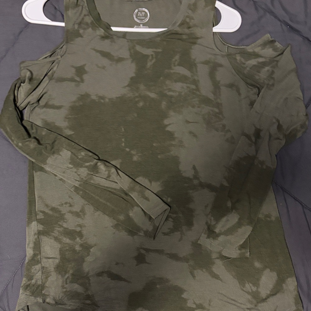 Maurices Olive Green Tie-Dye Cold-Shoulder Long Sleeve Top